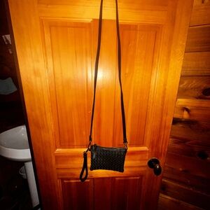 Elegant Black Vegan Woven Crossbody Bag- multi section